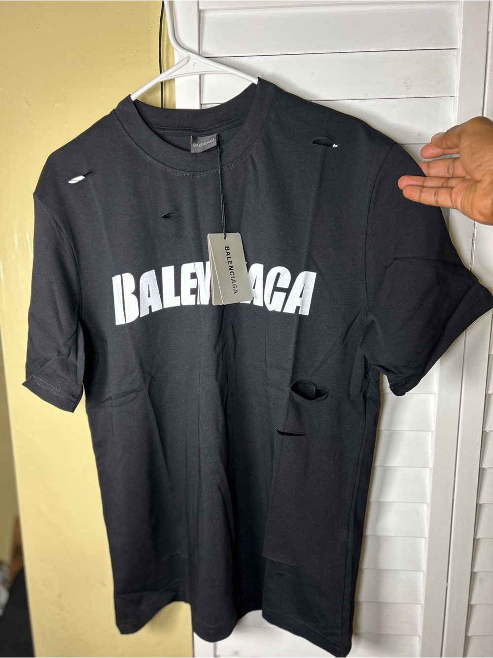 Balenciaga Black T-Shirt with White Logo and Distressed Details - Picture 2 of 2
